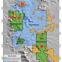 Figure 1. District claim map highlighting the approximate location of the Sunnyside, Ventura and Red Mountain porphyry copper deposits. The red circles highlight the location of the Cosmos target (1) as well as the Sunnyside (2), Ventura (3) and Red 