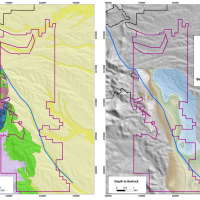Figure 2. The majority of San Antonio is covered by thin gravels (yellow colors in figure on the left). Passive seismic soundings have provided detail on the depth-to-bedrock (right) in covered areas. The Harshaw fault is shown as a blue line. Barksd